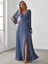 Gentle Split Sleeve Low Back Thigh Slit Bridesmaid Dress #color_Dusty Navy