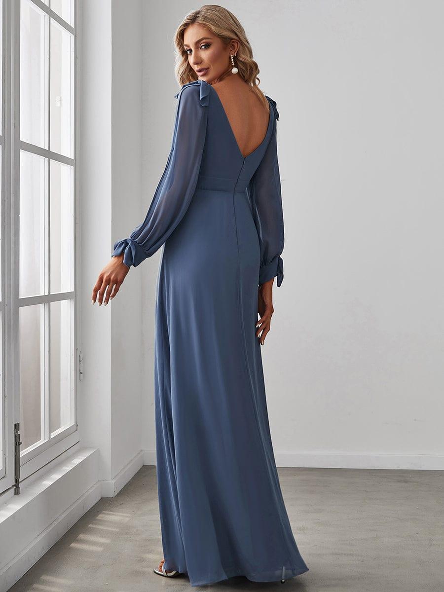 Gentle Split Low Back Thigh Slit Long Sleeve Wedding Guest Dress #color_Dusty Blue