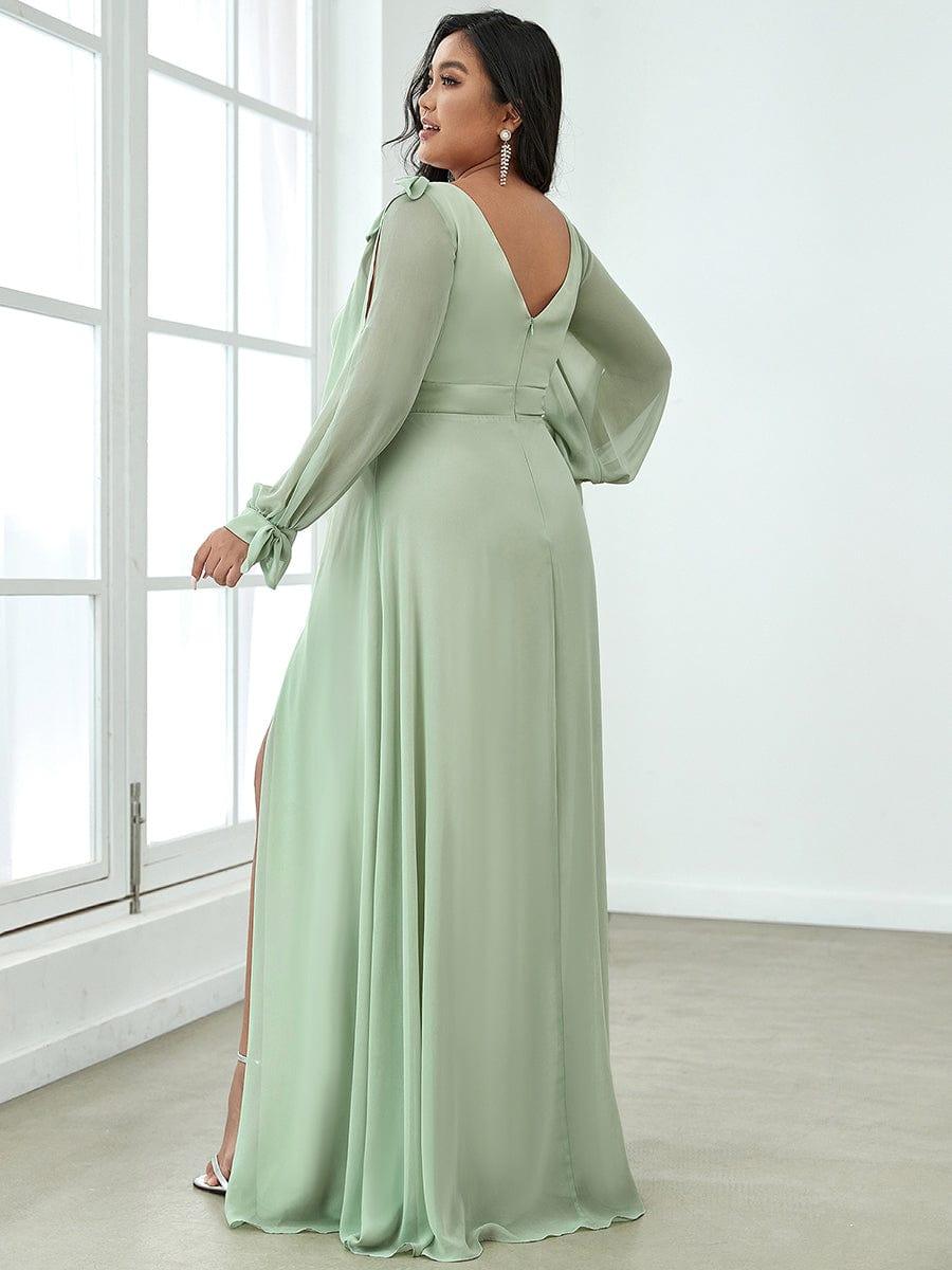 Gentle Split Low Back Thigh Slit Long Sleeve Wedding Guest Dress #color_Mint Green