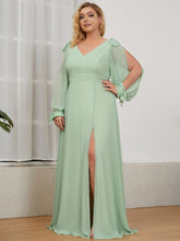Plus Size Split Long Sleeve V-Neck Bridesmaid Dress #color_Mint Green