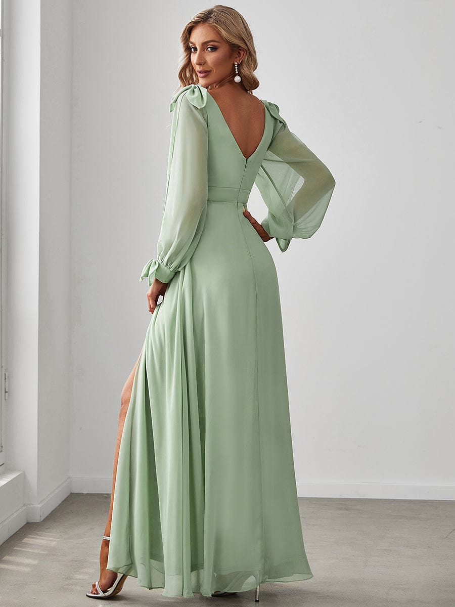 Gentle Split Low Back Thigh Slit Long Sleeve Wedding Guest Dress #color_Mint Green