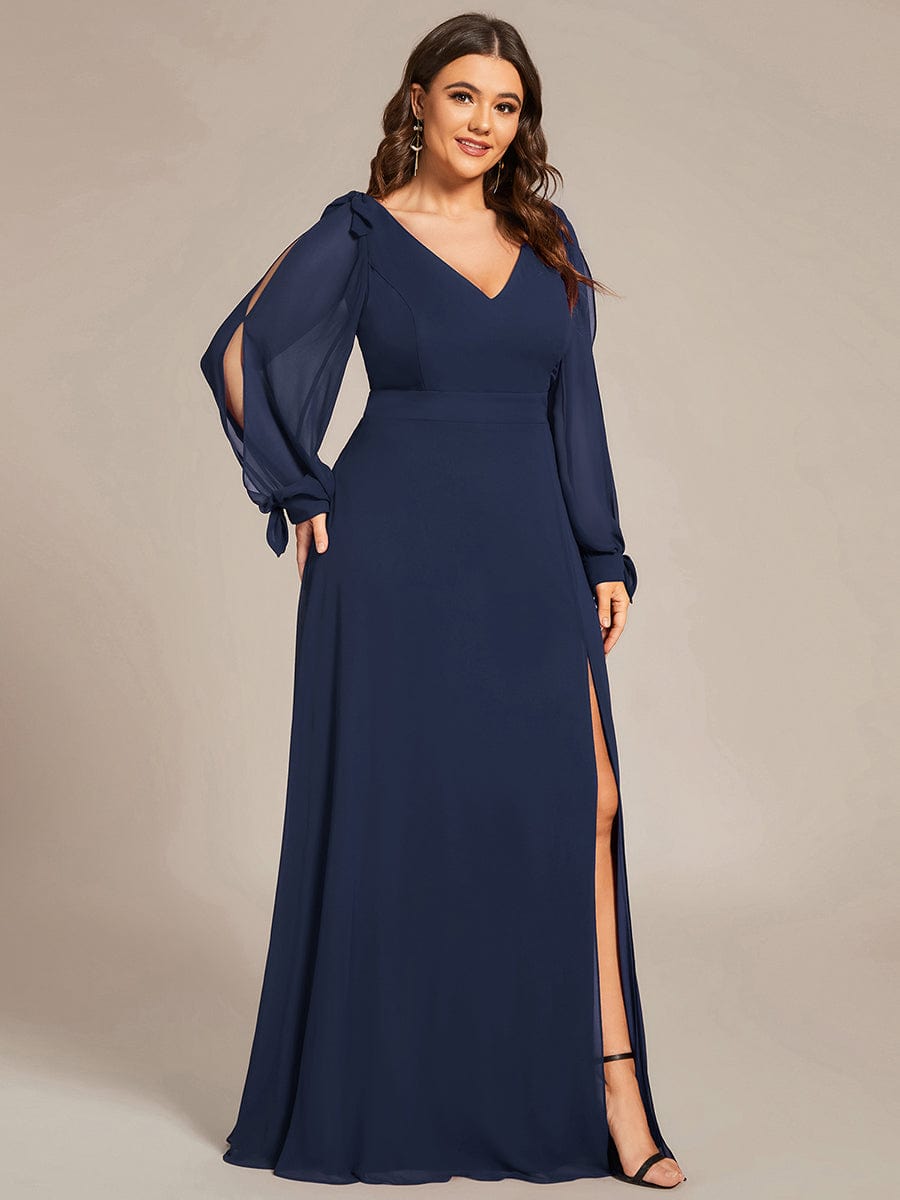 Plus Size Split Long Sleeve V-Neck Bridesmaid Dress #color_Navy Blue