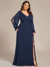 Plus Size Split Long Sleeve V-Neck Bridesmaid Dress #color_Navy Blue