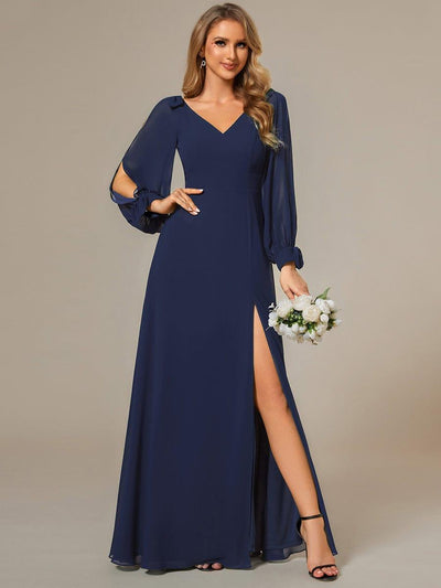 Gentle Split Sleeve Low Back Thigh Slit Bridesmaid Dress #color_Navy Blue