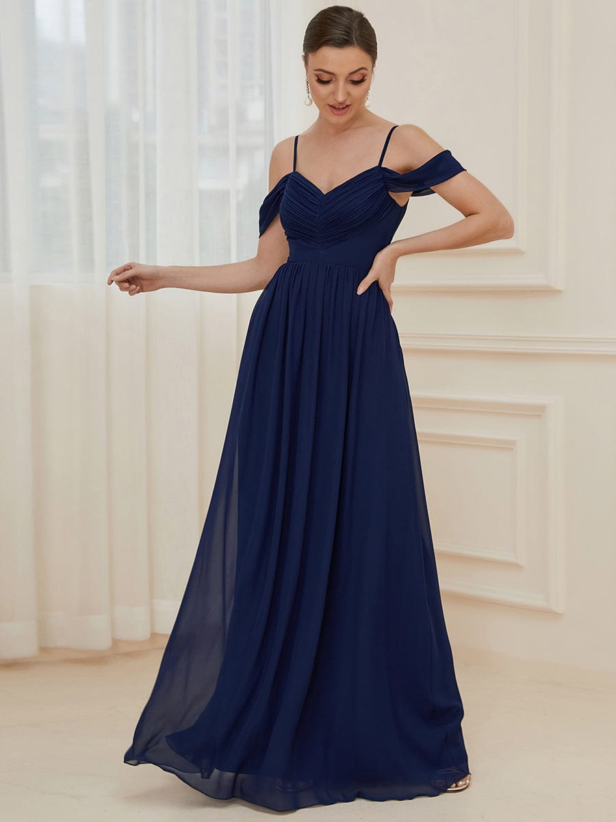 Cold Shoulder Pleated A-line Bridesmaid Dress #color_Navy Blue