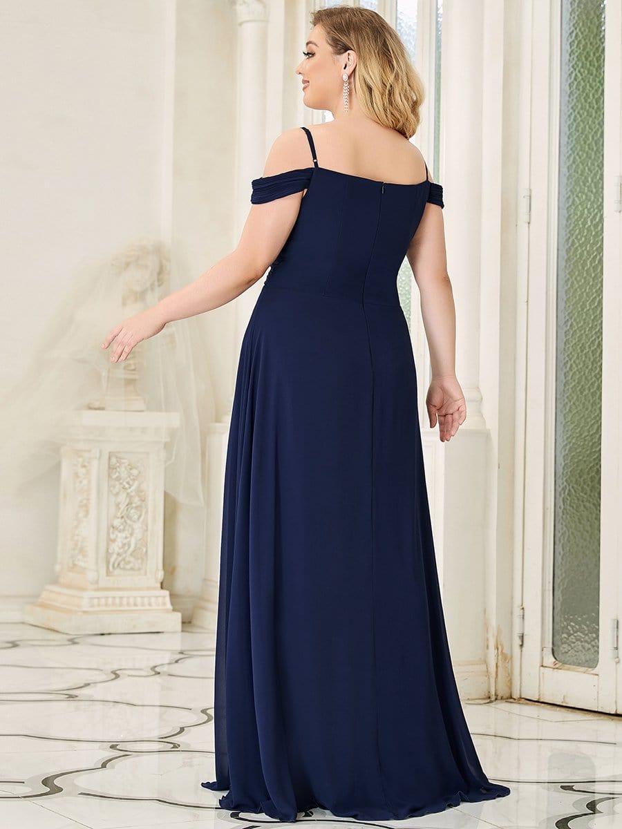 Cold Shoulder Pleated Floor Length Plus Size Bridesmaid Dress #color_Navy Blue