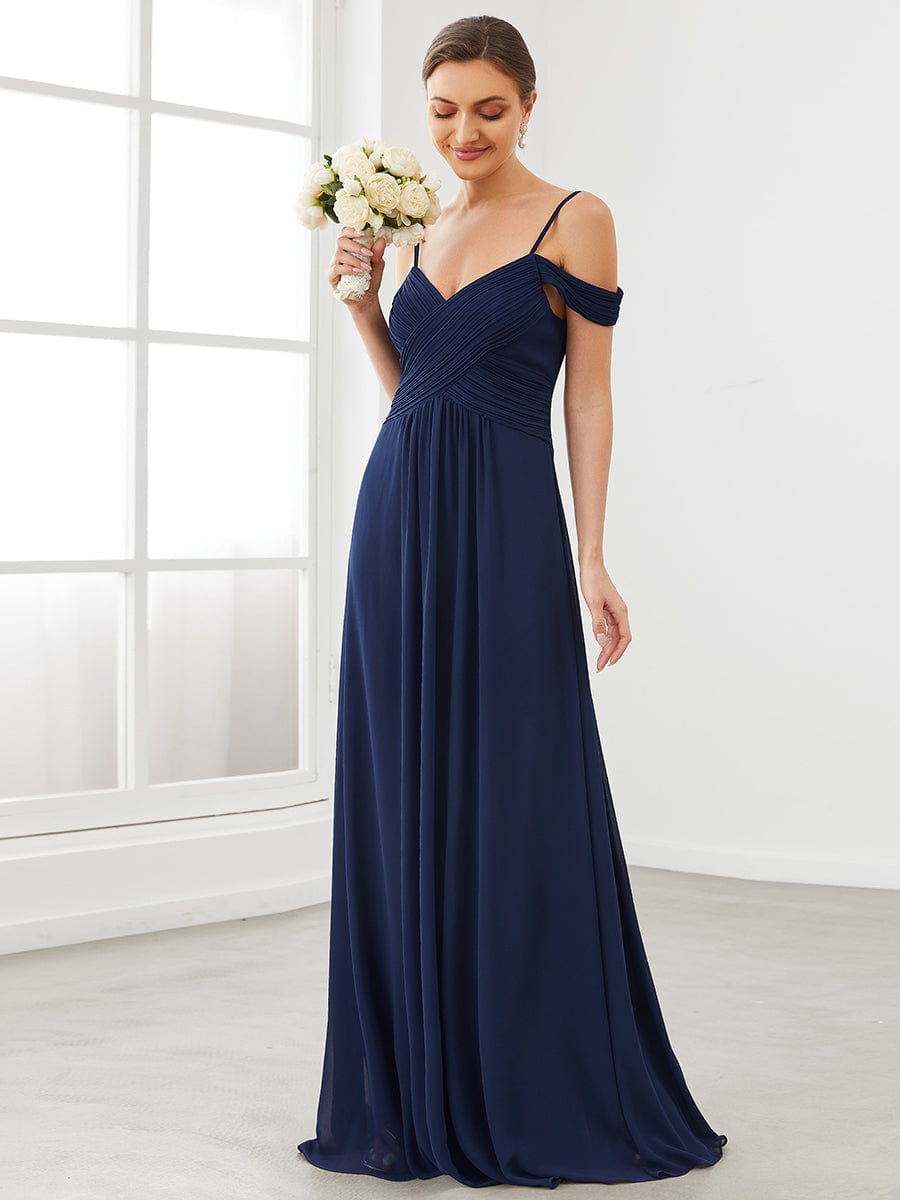Cold Shoulder High Waist Floor Length Bridesmaid Dress #color_Navy Blue
