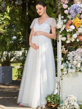Sheer Flutter Sleeve V-Neck Maxi Maternity Dress #color_White