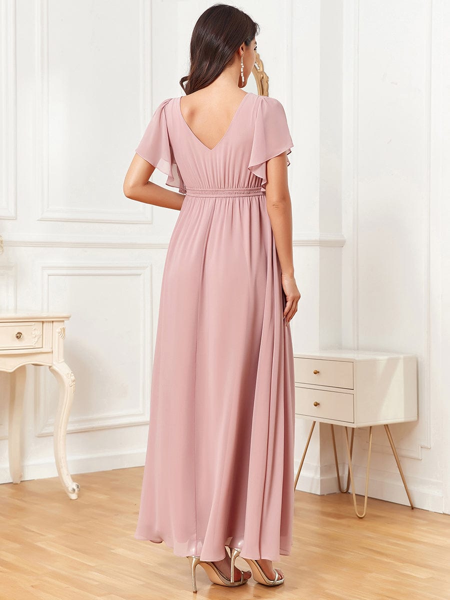 Chiffon Lace Empire Waist Short Sleeve Pleated Floor-Length Maternity Dress #Color_Dusty Rose