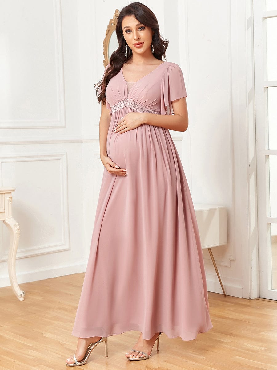 Chiffon Lace Empire Waist Short Sleeve Pleated Floor-Length Maternity Dress