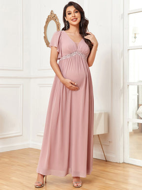 Chiffon Lace Empire Waist Short Sleeve Pleated Floor-Length Maternity Dress