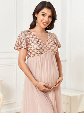 Short Sleeve Sequin Empire Waist A-Line Pleated Tulle Maternity Dress