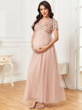 Short Sleeve Sequin Empire Waist A-Line Pleated Tulle Maternity Dress