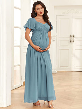 Short Sleeve A-Line Chiffon Pleated Tie-Back Maternity Dress