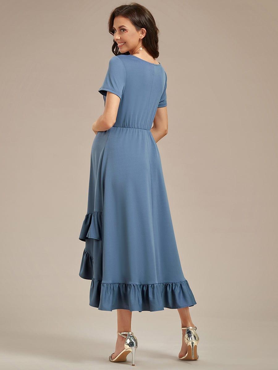 Stylish V-Neck Maternity Dress with Ruffles High Low Hemline #color_Dusty Blue