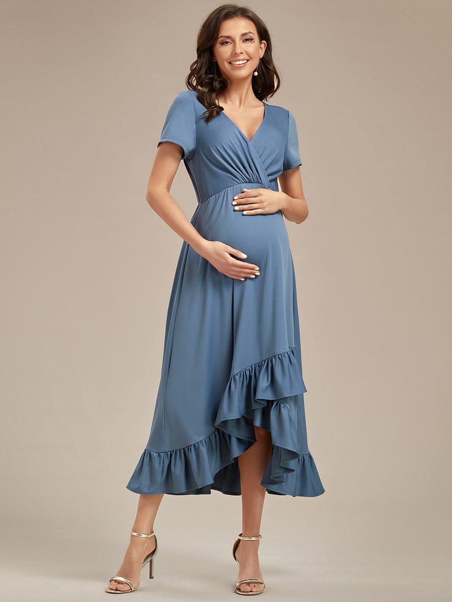 Stylish V-Neck Maternity Dress with Ruffles High Low Hemline #color_Dusty Blue