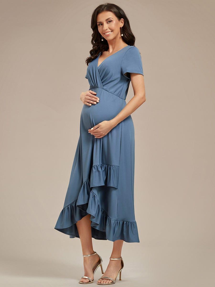 Stylish V-Neck Maternity Dress with Ruffles High Low Hemline #color_Dusty Blue