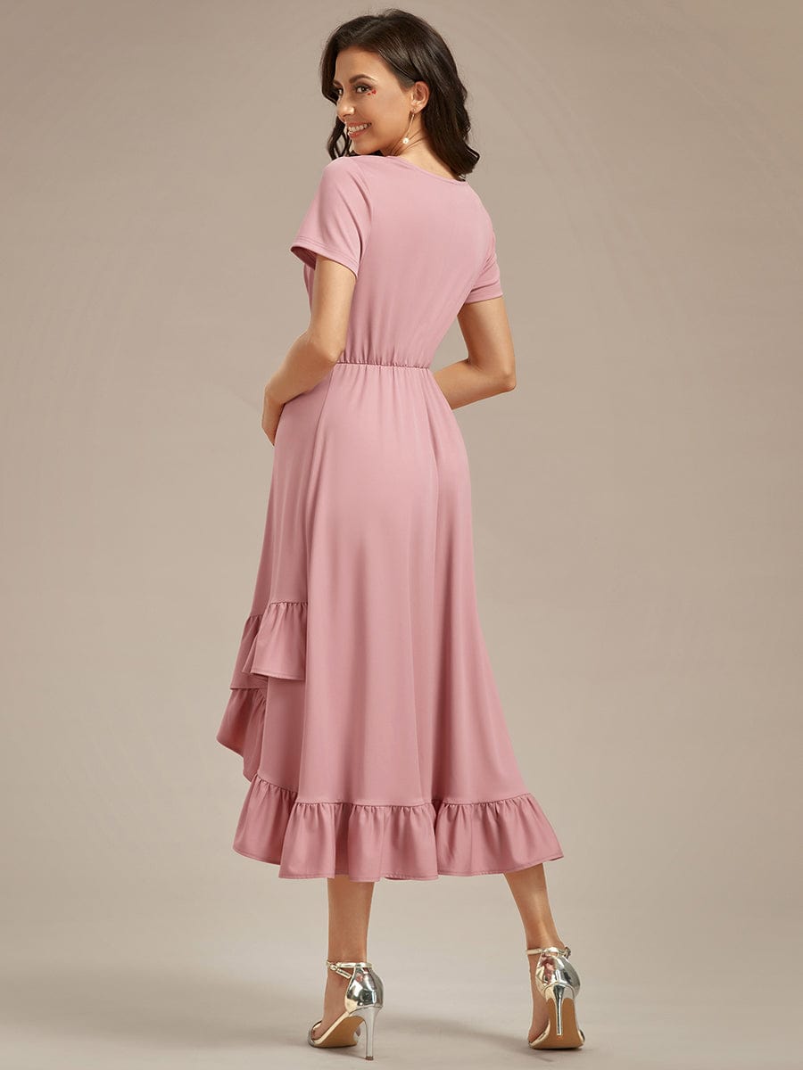 Stylish V-Neck Maternity Dress with Ruffles High Low Hemline #color_Dusty Rose