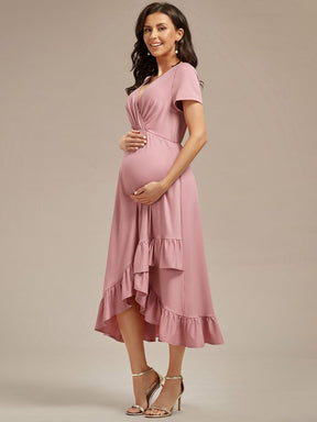 Stylish V-Neck Maternity Dress with Ruffles High Low Hemline