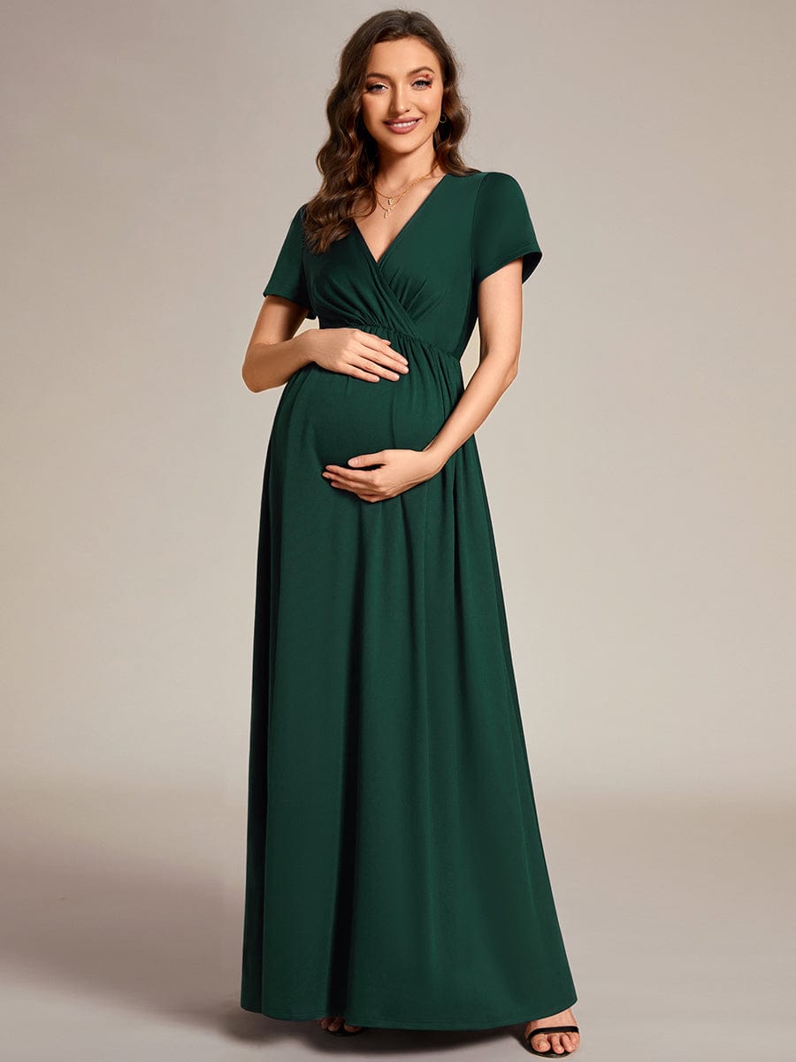 V-Neck Short Sleeve A-line Maternity Dress #Color_Dusty Rose