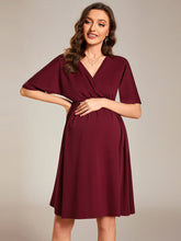 Loose V-Neck Half Sleeve Knee Length Maternity Dress #color_Burgundy
