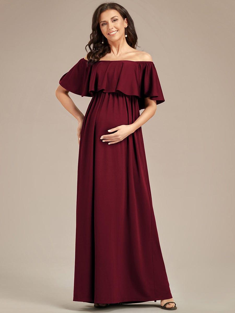 Flattering A-Line Maternity Dress with Off-Shoulder Ruffle(Final Sale) Flattering A-Line Maternity Dress with Off-Shoulder Ruffle(Final Sale)