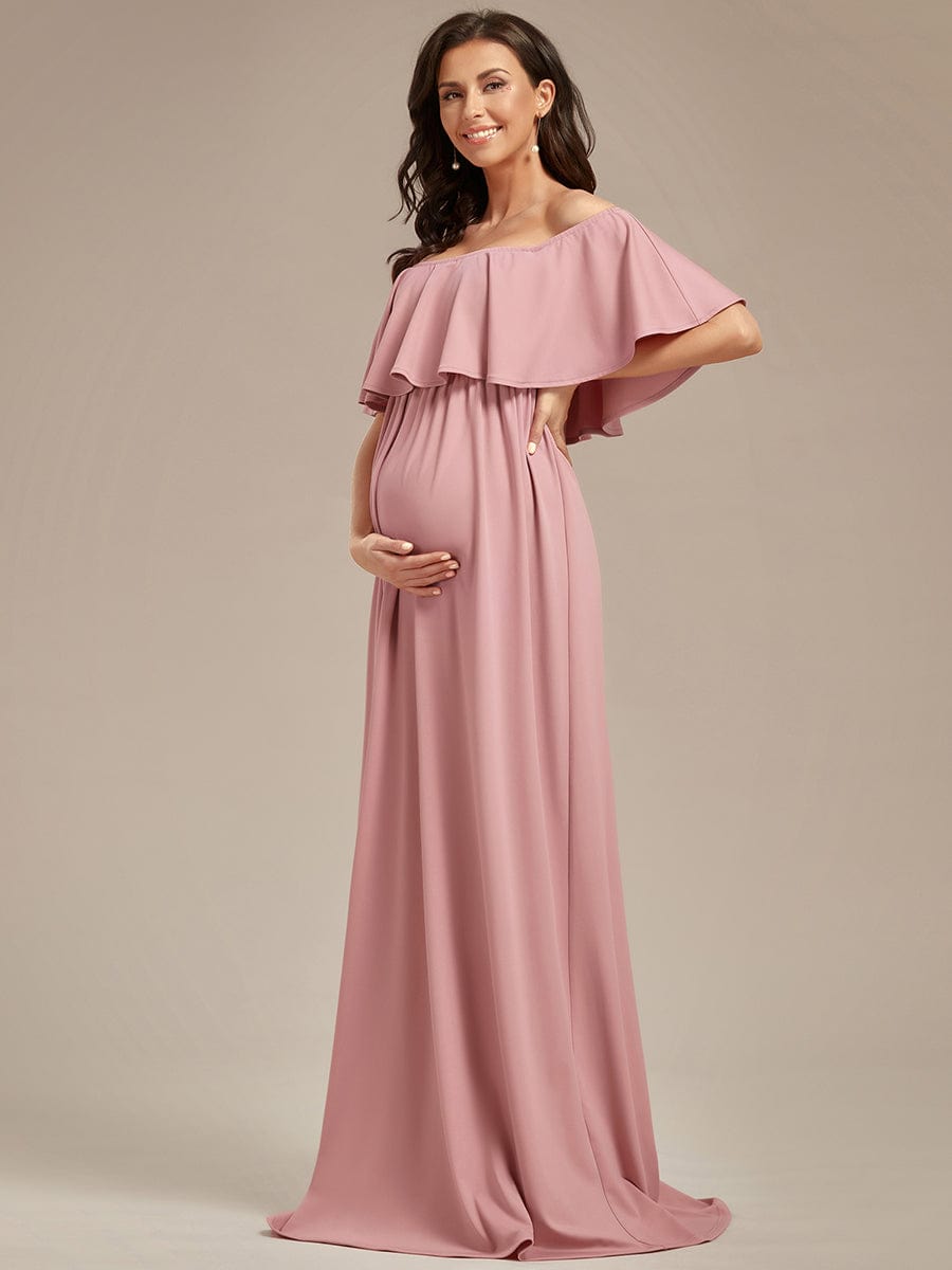 Flattering A-Line Maternity Dress with Off-Shoulder Ruffle #color_Dusty Rose