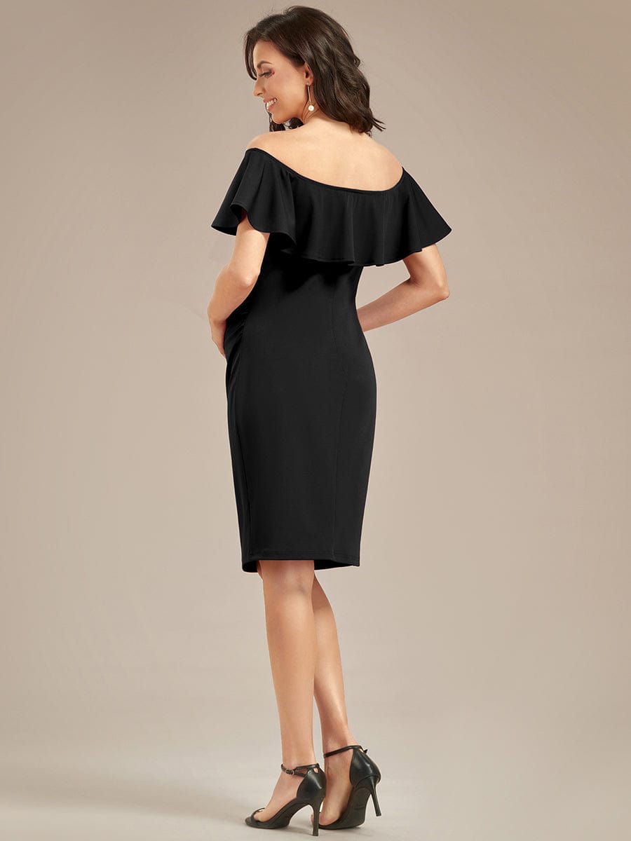 Elegant Ruffle Off-The-Shoulder Bodycon Midi Maternity Dress #color_Black