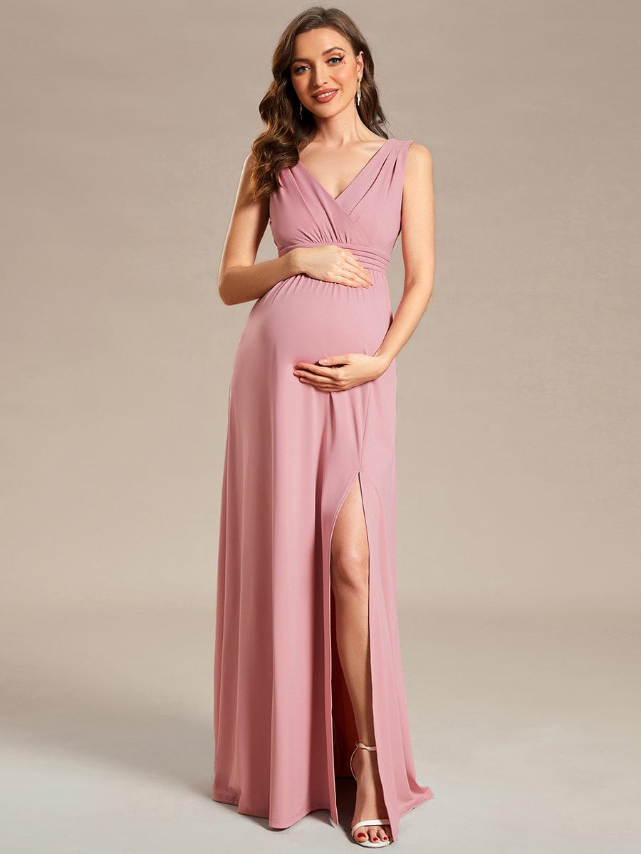 Sleeveless V-Neck Pleated Maternity Dress with Front Slit #color_Dusty Rose