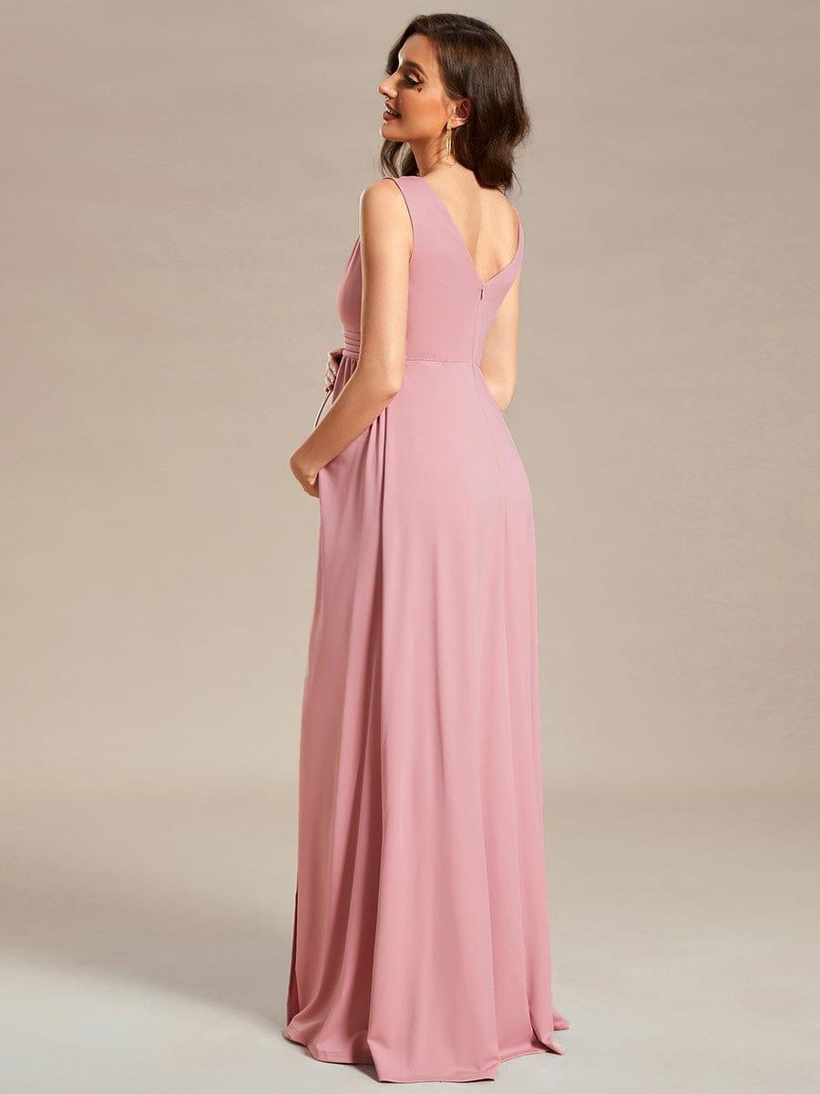 Sleeveless V-Neck Pleated Maternity Dress with Front Slit #color_Dusty Rose