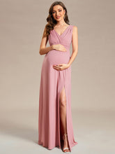 Sleeveless V-Neck Pleated Maternity Dress with Front Slit #color_Dusty Rose