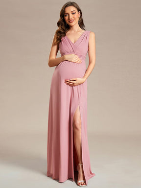 Sleeveless V-Neck Pleated Maternity Dress with Front Slit