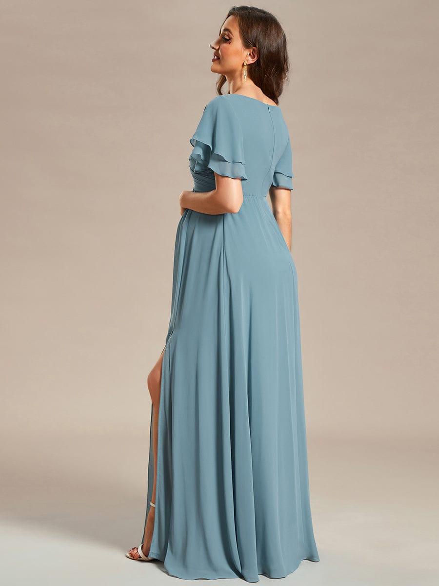 Ruffles Sleeve Front Slit Pleated Chiffon Maternity Dress #color_Dusty Blue