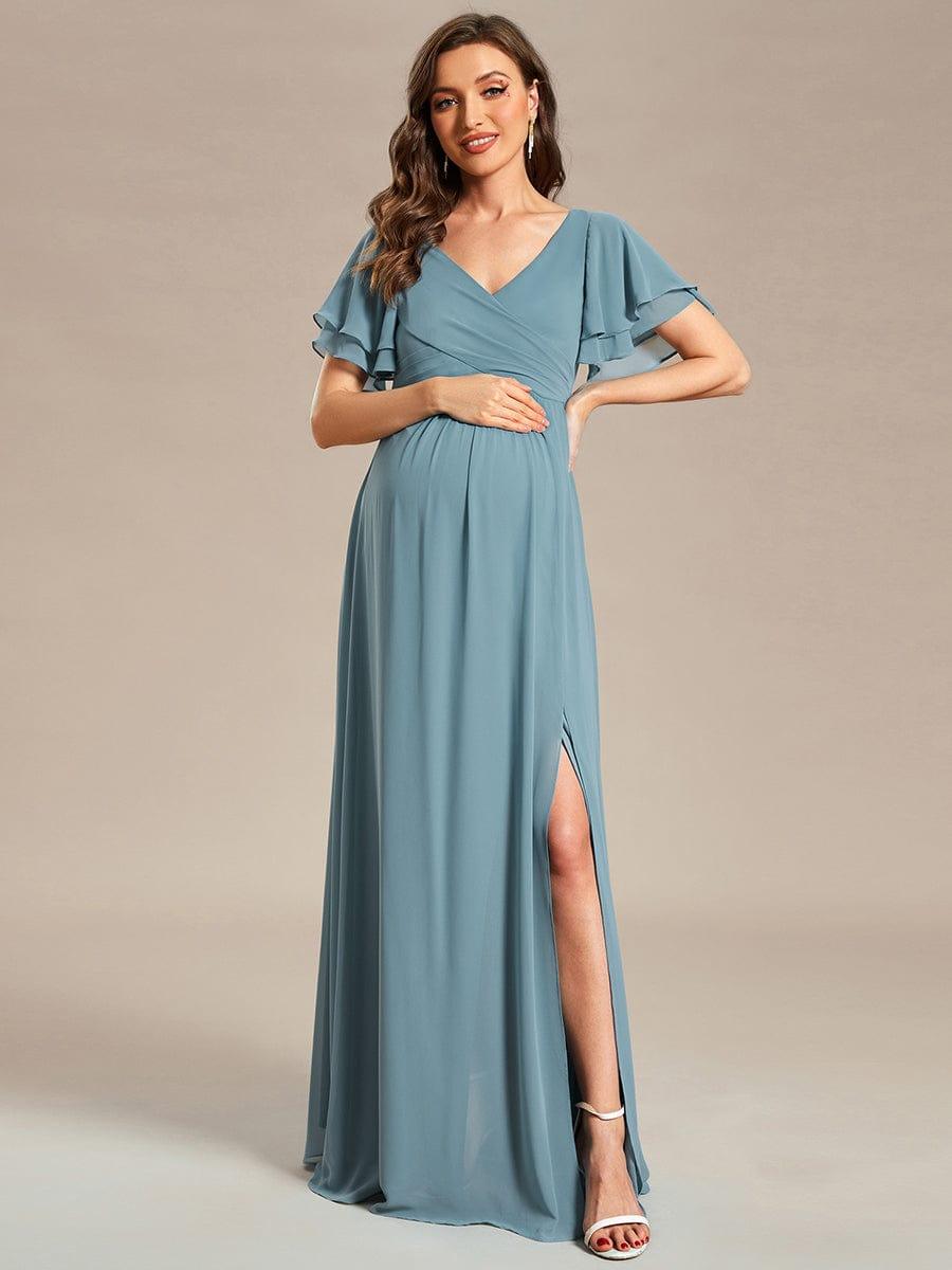 Ruffles Sleeve Front Slit Pleated Chiffon Maternity Dress