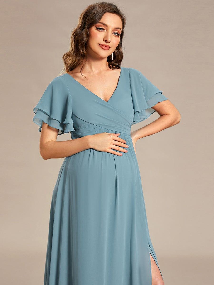 Ruffles Sleeve Front Slit Pleated Chiffon Maternity Dress