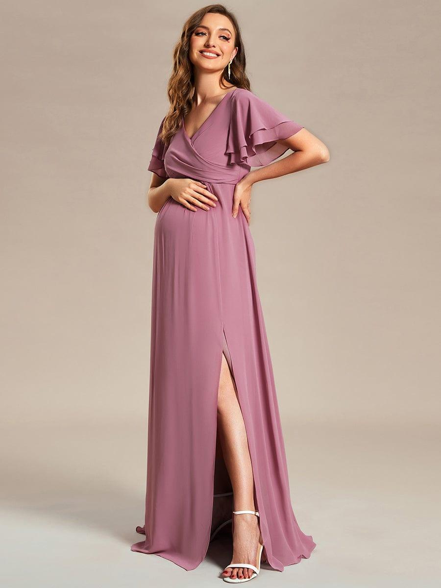 Ruffles Sleeve Front Slit Pleated Chiffon Maternity Dress