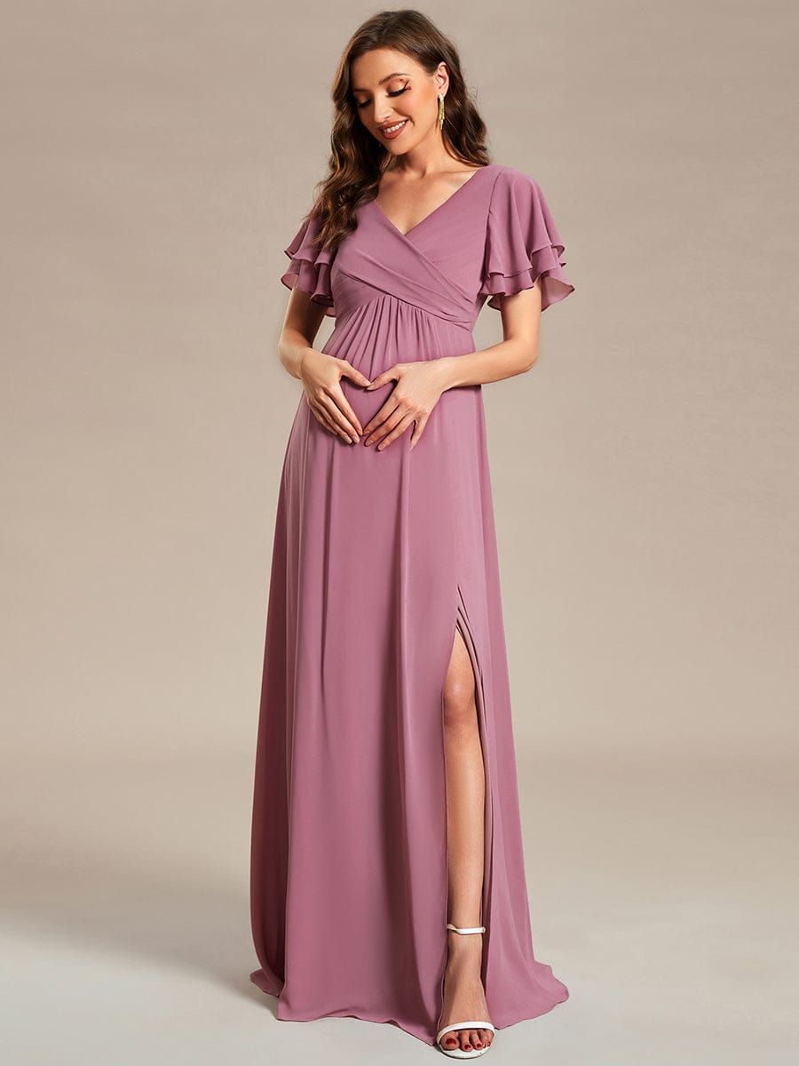 Ruffles Sleeve Front Slit Pleated Chiffon Maternity Dress