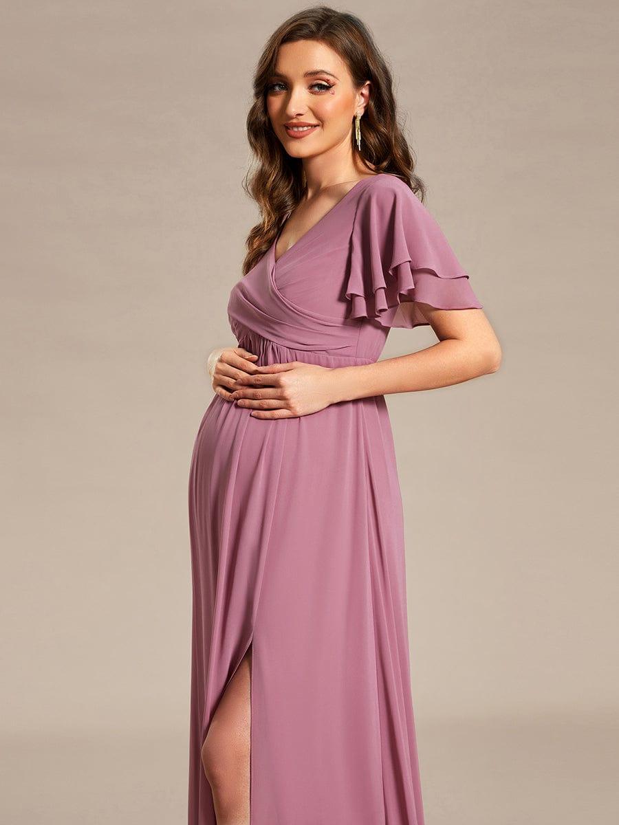 Ruffles Sleeve Front Slit Pleated Chiffon Maternity Dress