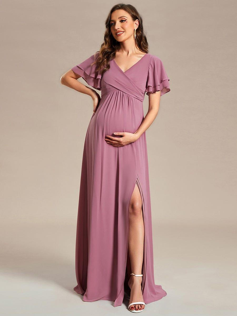 Ruffles Sleeve Front Slit Pleated Chiffon Maternity Dress