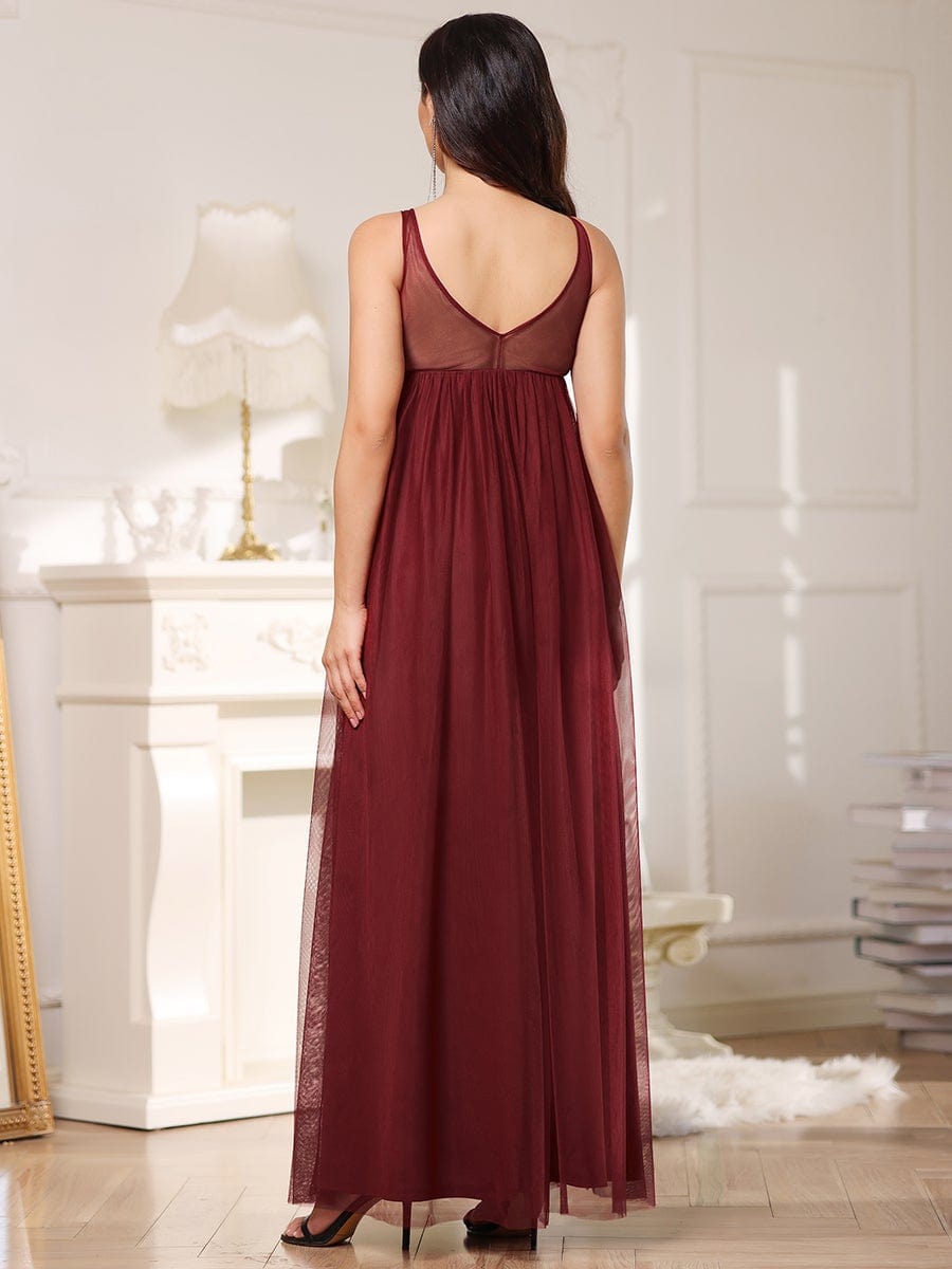 Mid-Rib Deep V Embroidered Bodice Long Maternity Evening Dress #color_Burgundy