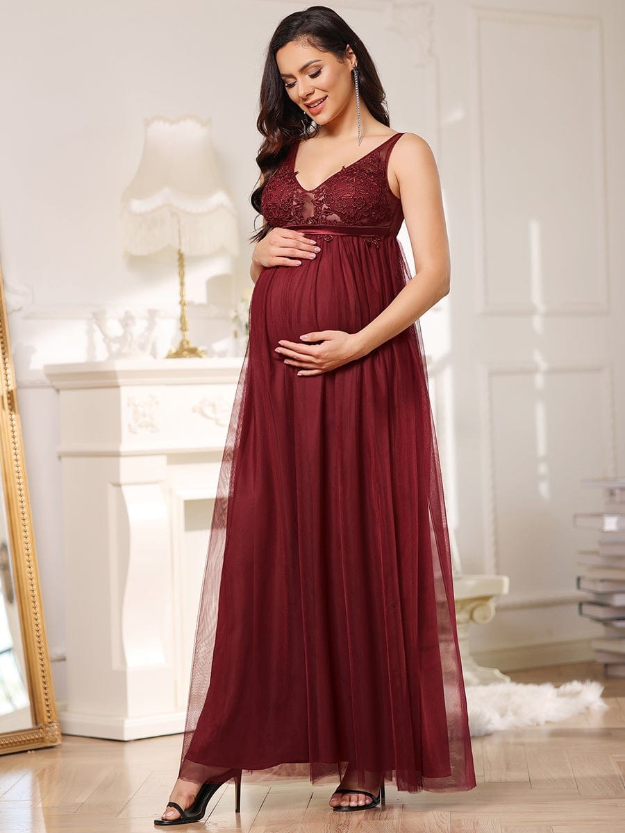 Mid-Rib Deep V Embroidered Bodice Long Maternity Evening Dress #color_Burgundy