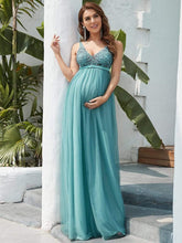 Mid-Rib Deep V Embroidered Bodice Long Maternity Evening Dress #color_Dusty Blue
