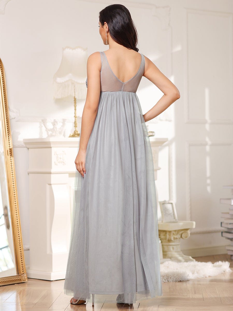 Mid-Rib Deep V Embroidered Bodice Long Maternity Evening Dress #color_Grey