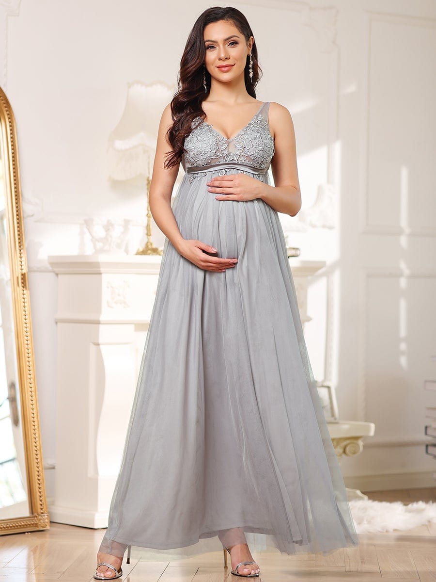 Mid-Rib Deep V Embroidered Bodice Long Maternity Evening Dress #color_Grey