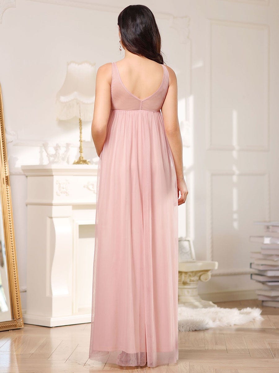 Mid-Rib Deep V Embroidered Bodice Long Maternity Evening Dress #color_Pink