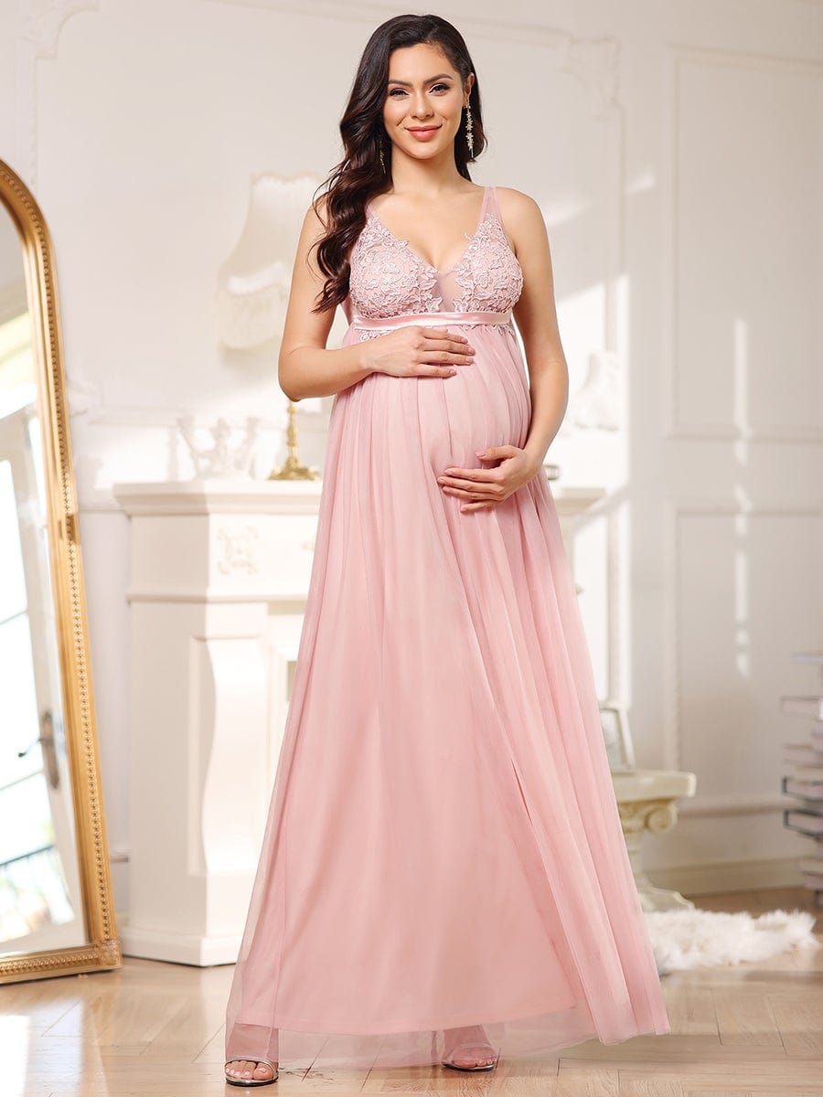 Mid-Rib Deep V Embroidered Bodice Long Maternity Evening Dress #color_Pink