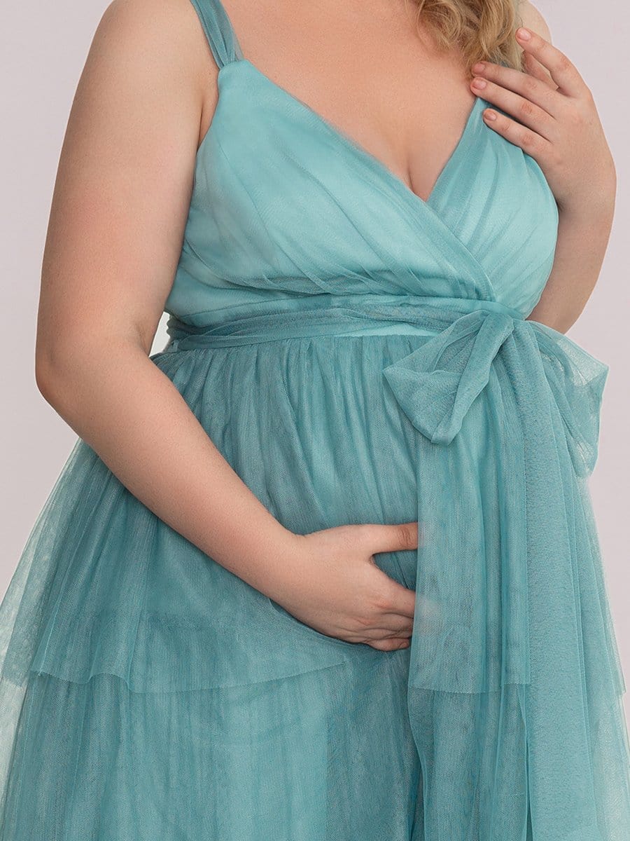 Plus Size Deep V Sleeveless Mid-Rib Layered Tulle Long Maternity Dress