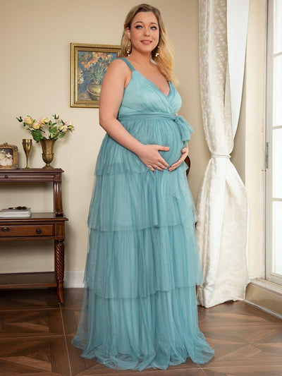Plus Size Deep V Sleeveless Mid-Rib Layered Tulle Long Maternity Dress #color_Light Teal