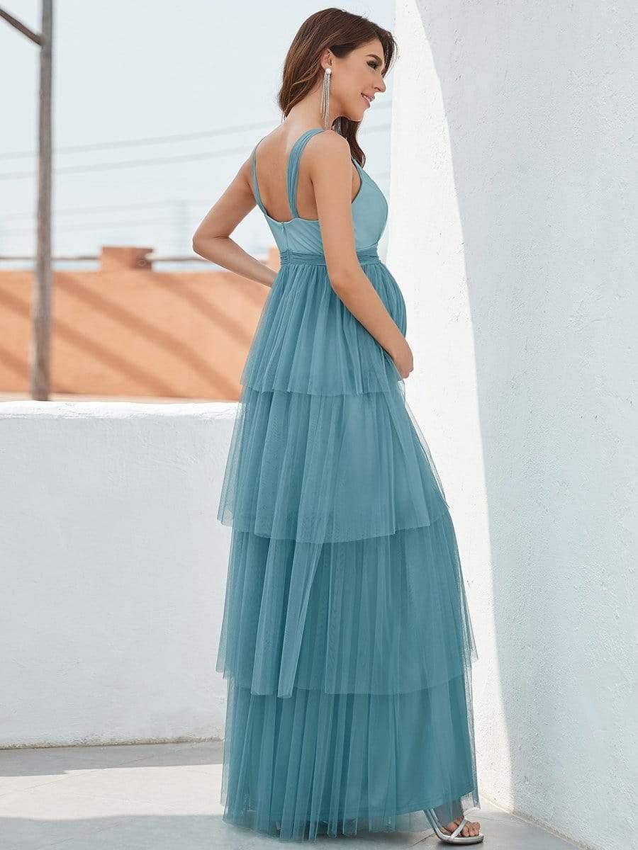 V-neck Sleeveless Mid-Rib Layered Tulle Long Maternity Wedding Guest Dress #color_Light Teal