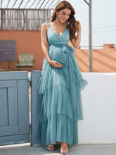 Deep V Sleeveless Mid-Rib Layered Tulle Long Maternity Dress #color_Dusty Blue